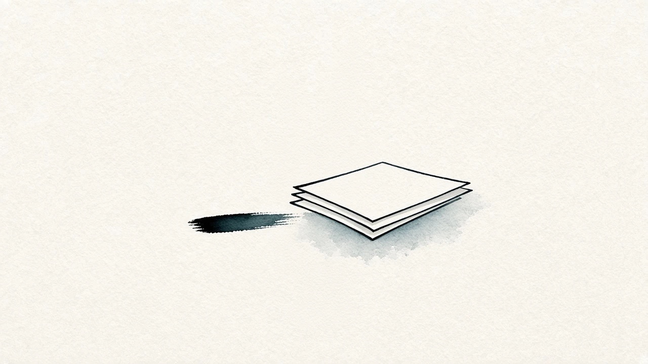 One ink stroke left on the paper beside a small stack of sheets, watercolor on cream paper — Roseau Insights essay cover.